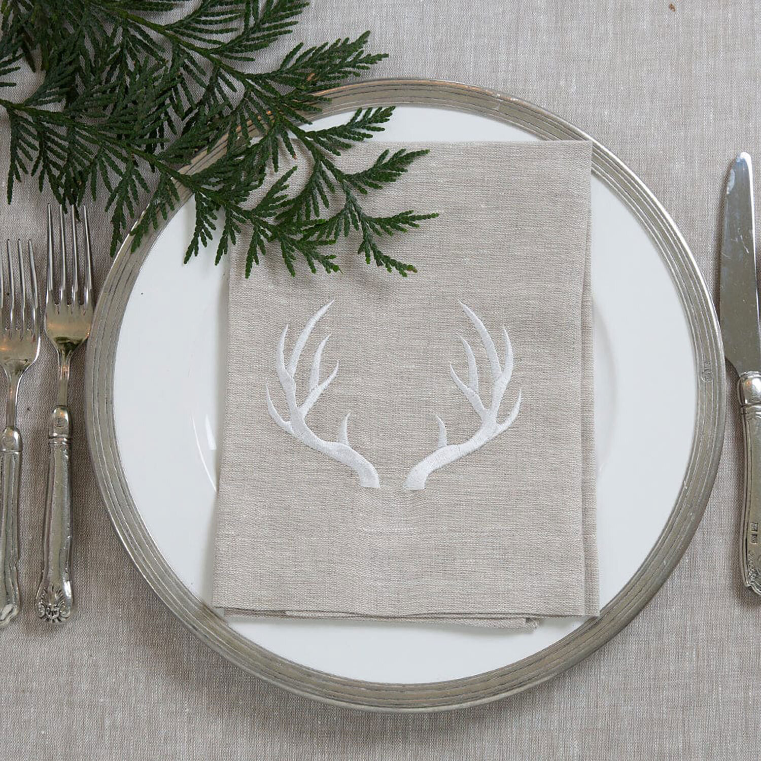 Crown Antler Linen Tri-Fold Napkin White Set of 8 FT254