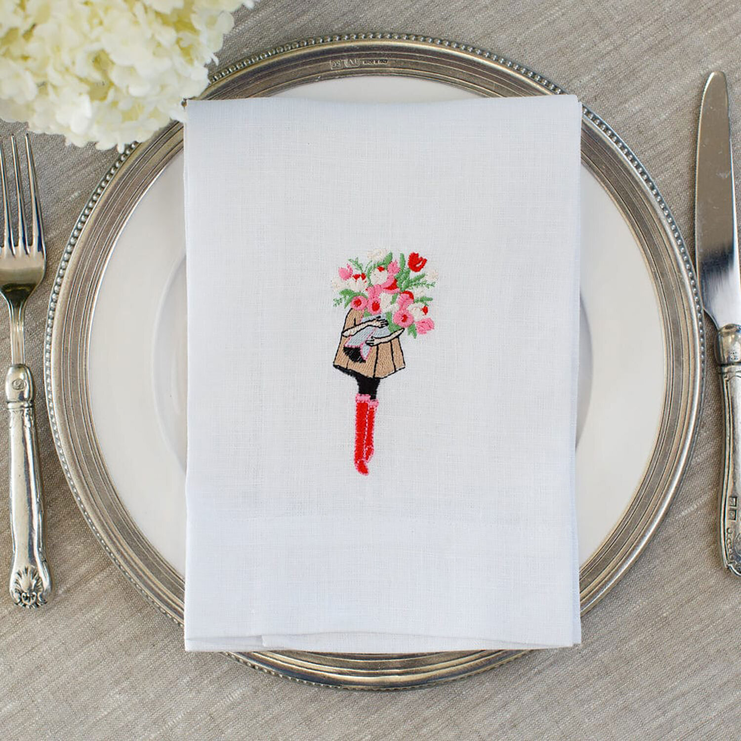 Crown Flower Girl Linen Tri-Fold Napkin White Set of 8 FT1033
