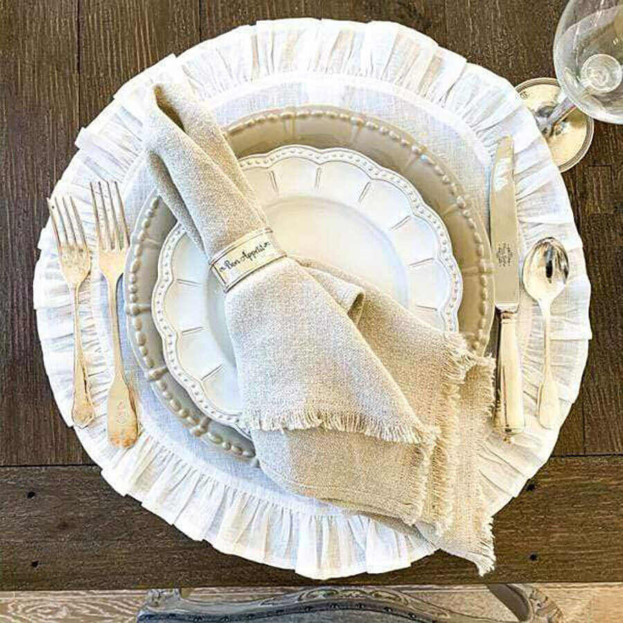 Crown Round Linen Placemat with Ruffle White Set of 8 P120