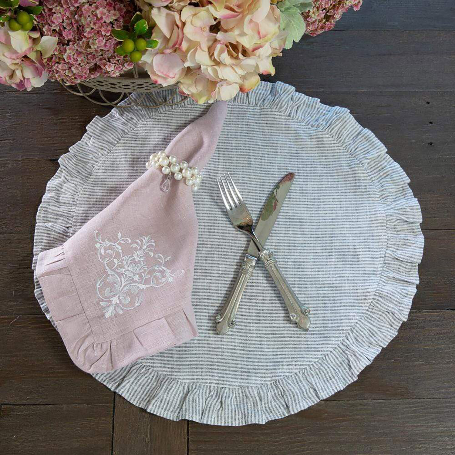 Crown Round Linen Placemat with Ruffle Grey Set of 8 P720