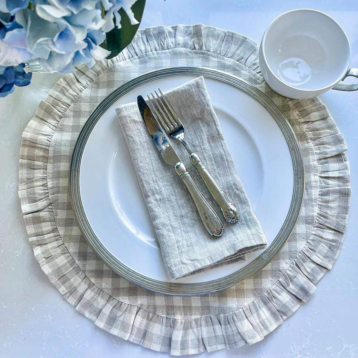 Crown Round Linen Placemat with Ruffle Taupe Set of 8 P910