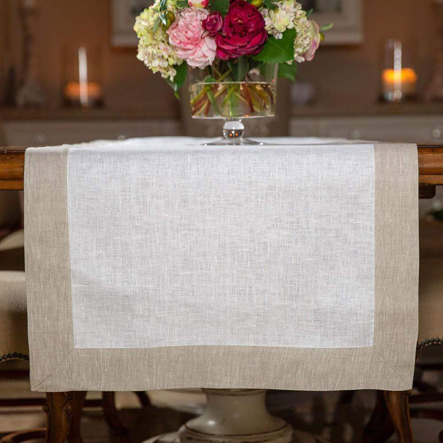 Crown Cream with Flax Frame Linen Table Runner 70 Inch Wide Cream R634
