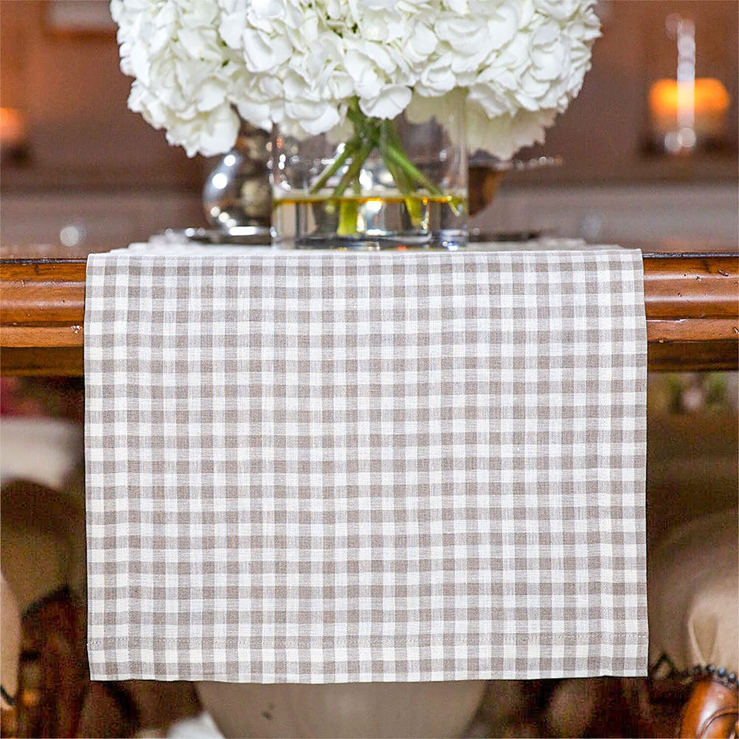 Crown Taupe Checkered Linen Table Runner 90 Inch Wide Black R993
