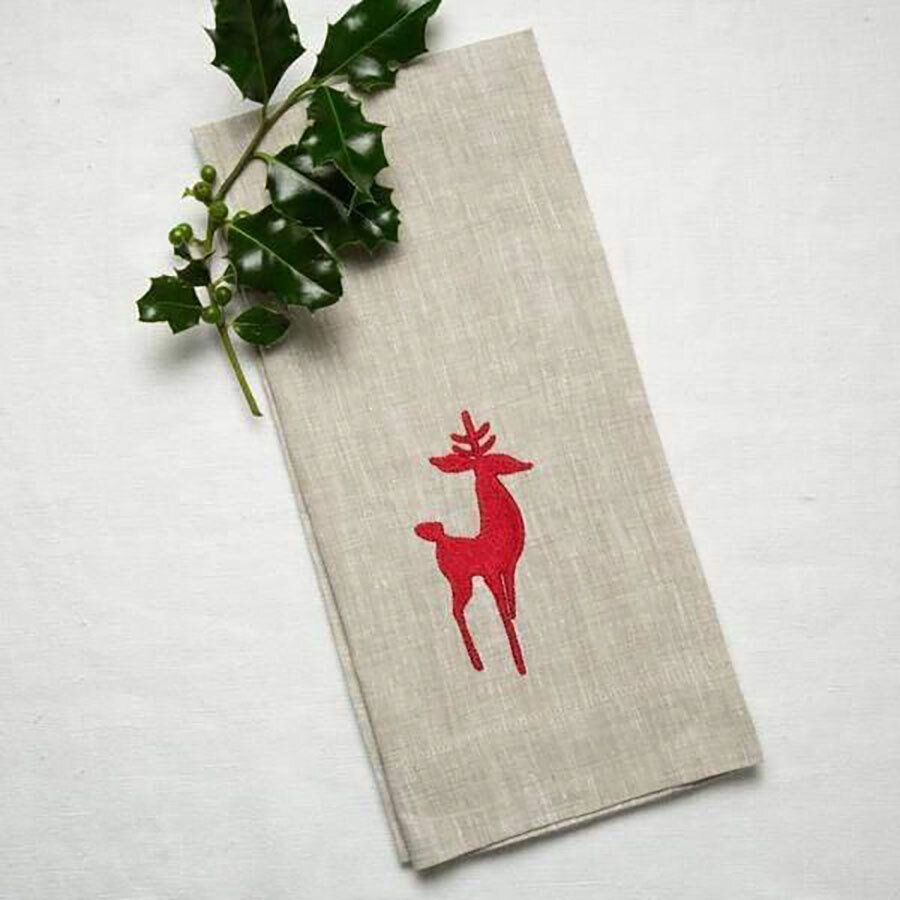 Crown Standing Deer Linen Towel Flax Red Set of 4 T251