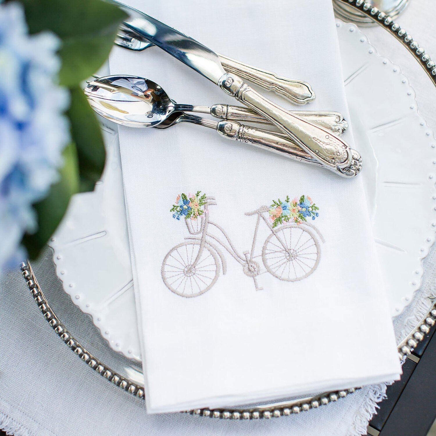 Crown Bicycle with Flowers Linen Towel White Set of 4 T1011