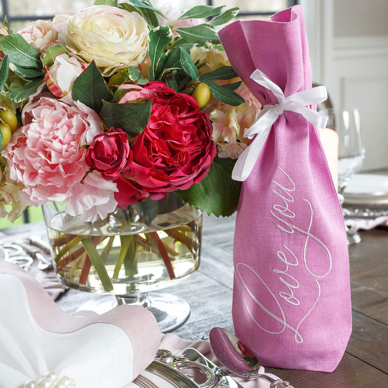 Crown Love You Linen Wine Bag Rose Pink Set of 4 W736