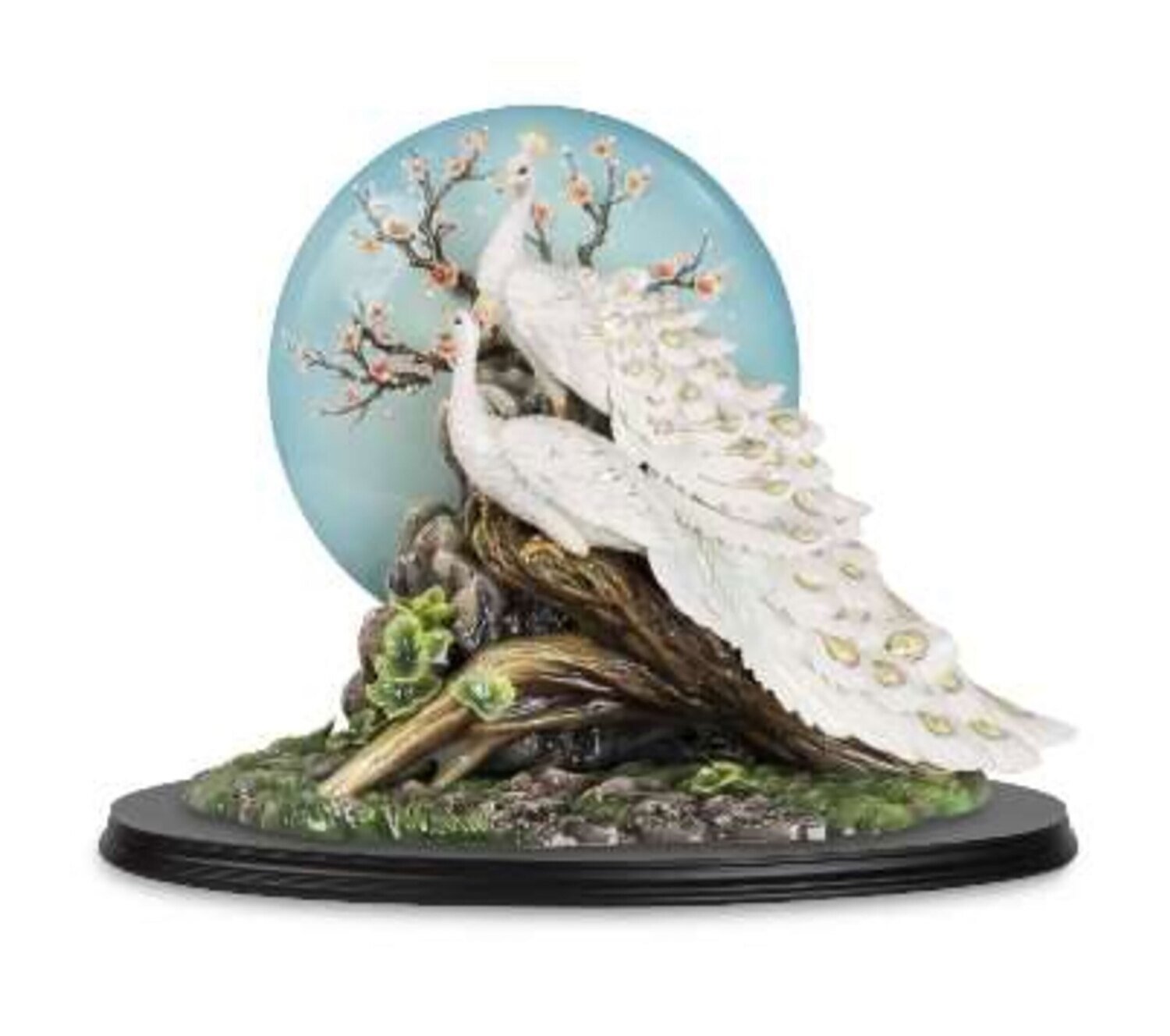 Franz Porcelain Happiness And Reunion White Peacock Design Sculptured Porcelain Figurine With Wooden Base FZ03930