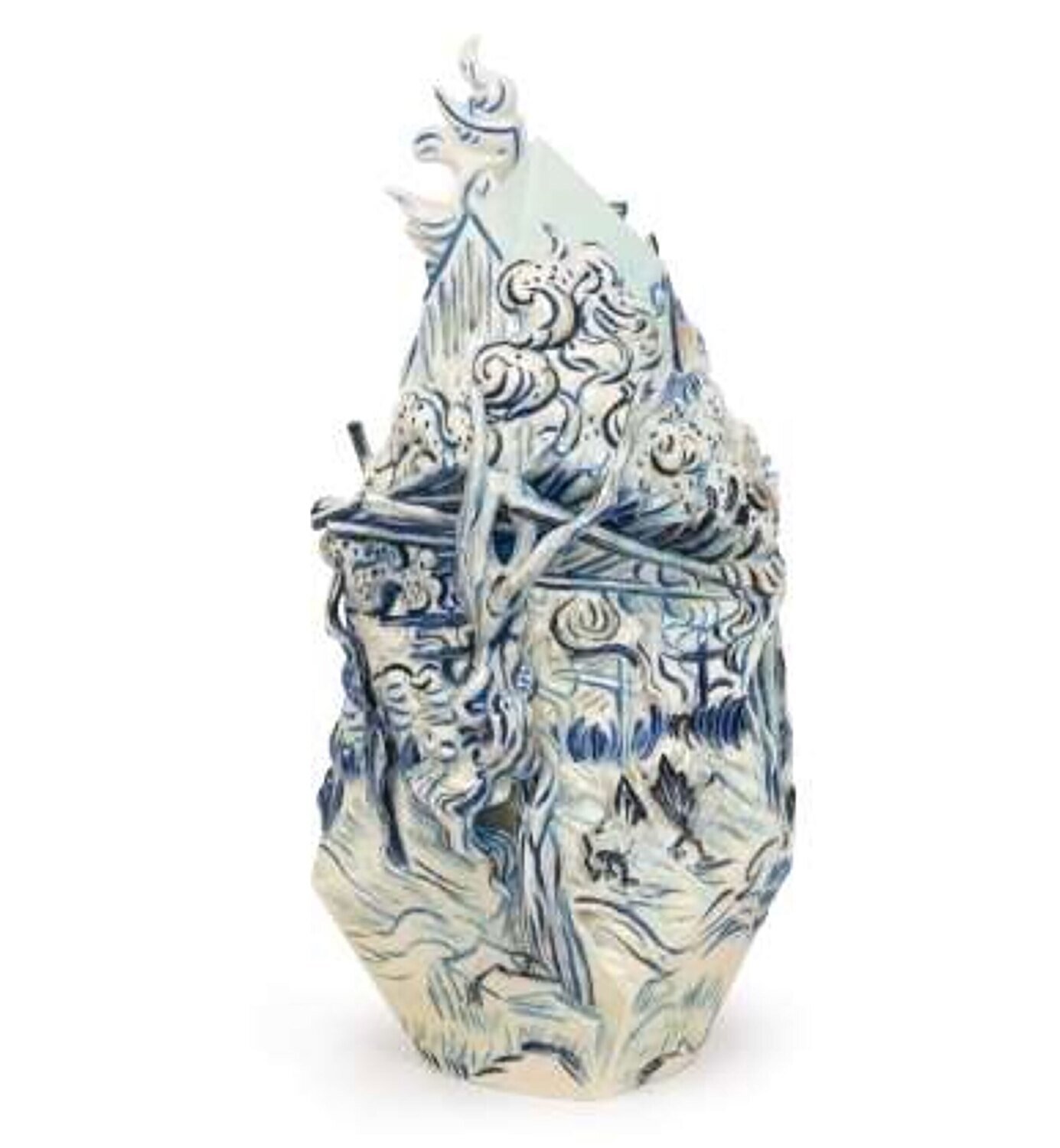 Franz Porcelain Van Gogh Wine For Life-Vineyard Design Sculptured Porcelain Vase With Wooden Base FZ03941