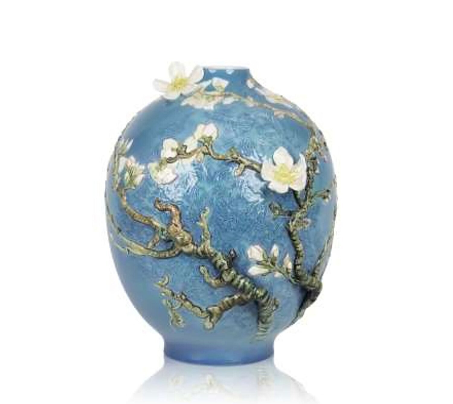 Franz Porcelain Van Gogh Almond Blossoms Design Sculptured Porcelain Round Vase With Wooden Base FZ…