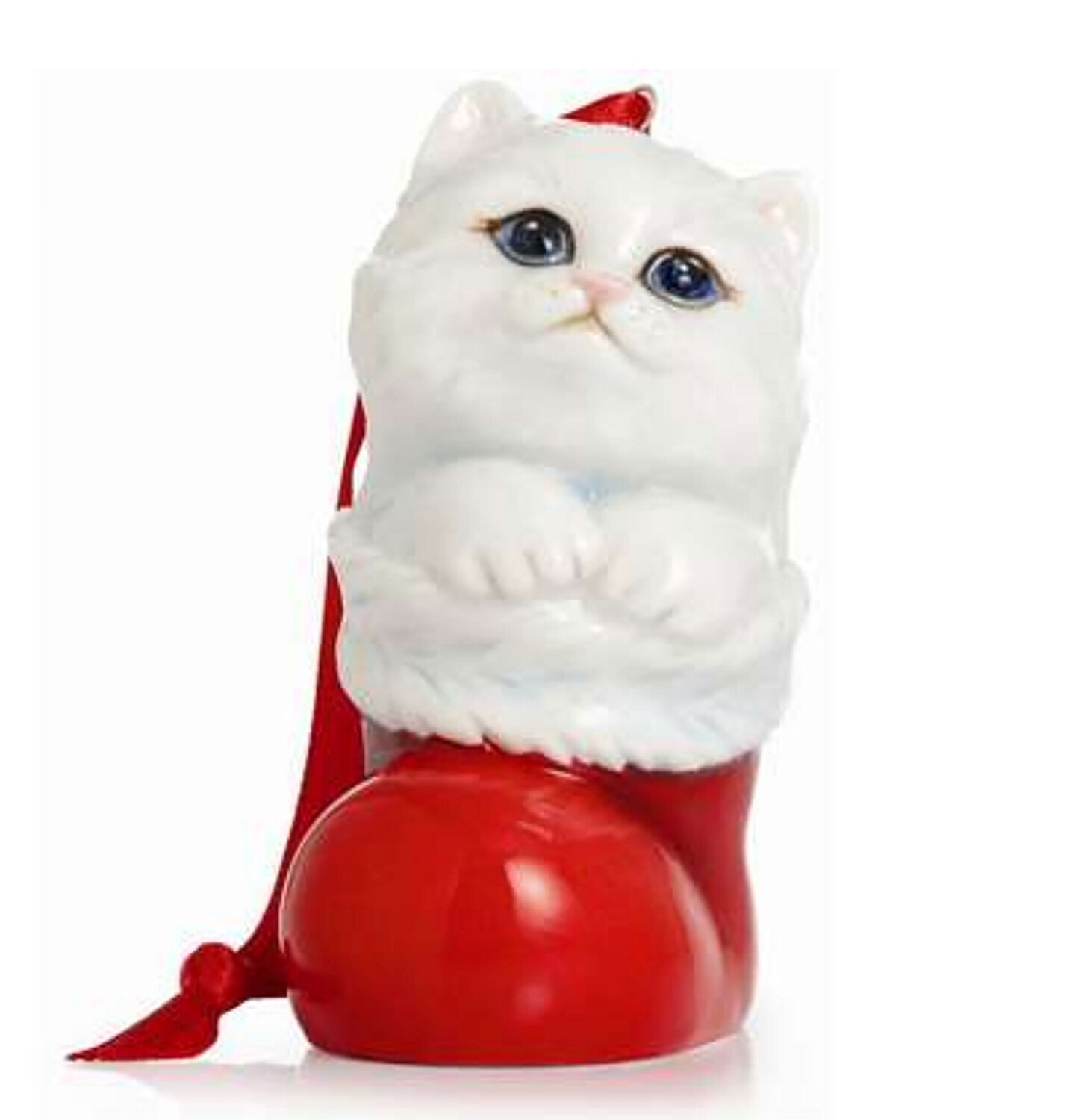 Franz Porcelain Holiday Classic White Cat Design Sculptured Porcelain Ornament FZ02378