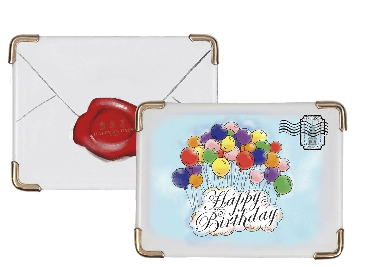 Halcyon Days TR Happy Birthday Balloons Postcard Enamel Box ENHBB0180PG, MPN: ENHBB0180PG,