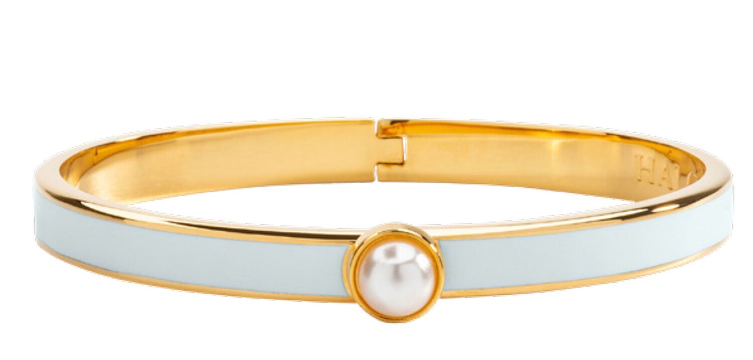 Halcyon Days 6mm Cabochon Pearl Forget me Not Gold Hinged Bangle Bracelet HBSCB1206G, MPN: HBSCB120…