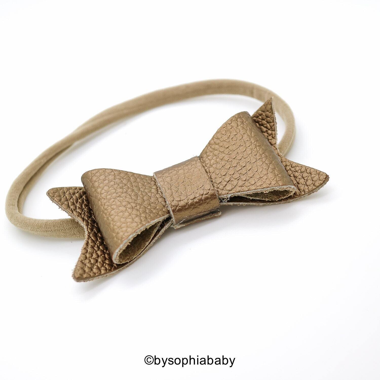 Dark Gold Leather Bow Baby Headband Gold Leather Bow Purple Baby Leather Bow Headband Leather Bow B…