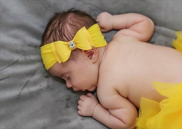 Yellow Bow Headband Baby Bow Headband Newborn Headband Photo Prop Yellow Baby Headband Yellow Nylon…