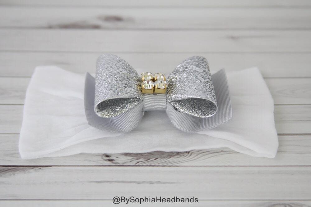 White Baby Headband Silver Headband Newborn Headband Baby Headband Photography Prop Baby Headband B…