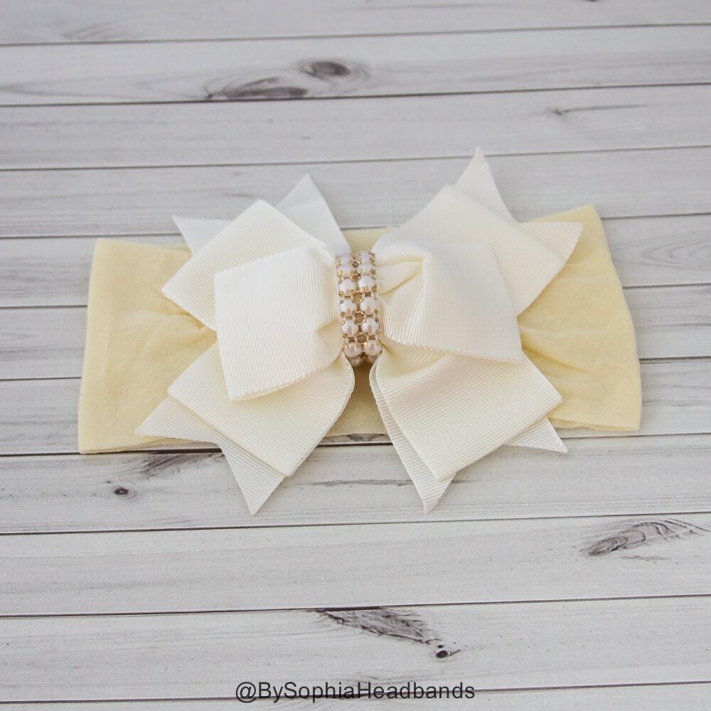 Baby Headband Headwrap Ivory Baby Headband Newborn Headband Ivory Baby Headband Photo Prop Baby Bow…
