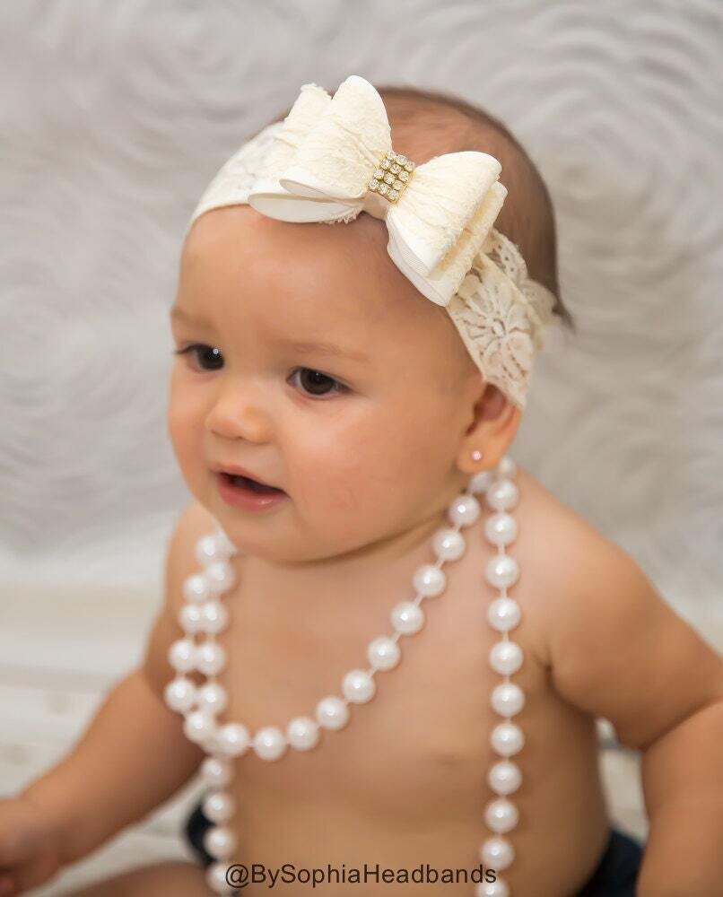 Baby Headbands Ivory Baby Headband Girls Lace Head band Baby lace Bow Lace Headband Ivory Lace Head…