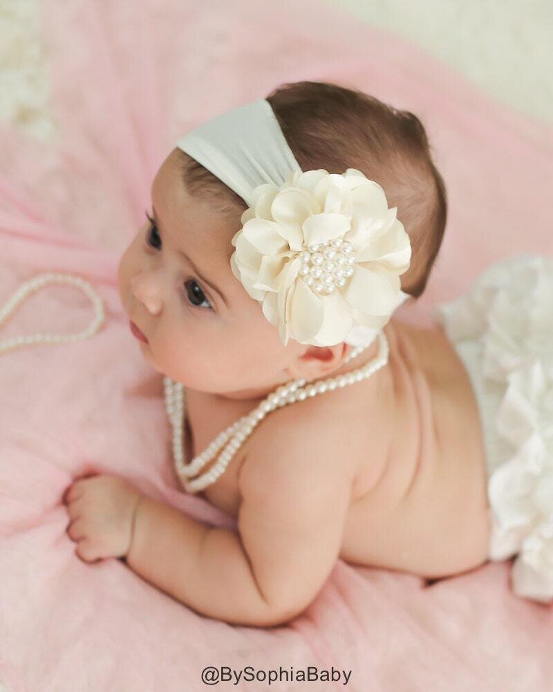 Ivory Pearl Flower Headband Baby Flower Headband Baby Girl Headband Big Flower Headband Flower Girl…