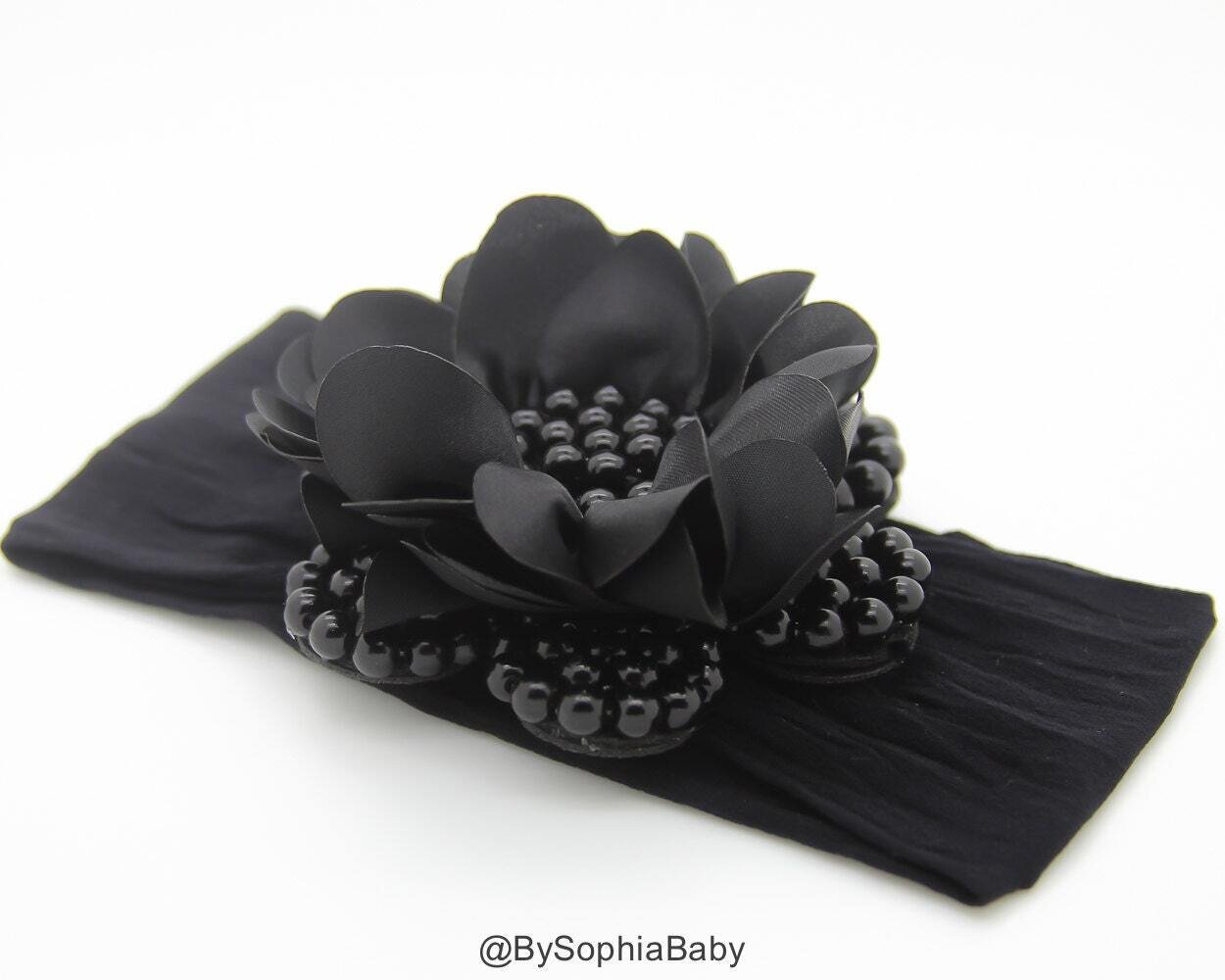 Baby Headband Black Pearl Flower Headband Baby Flower Headband Big Flower Headband Flower Girl Head…