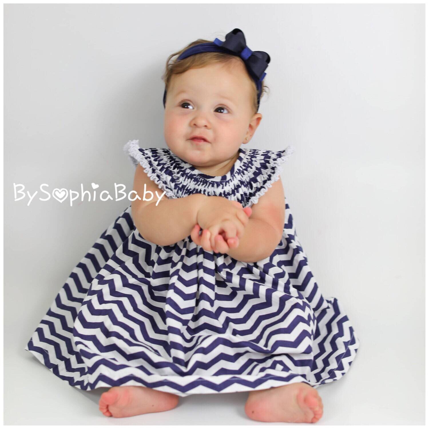 Baby Dress Baby Zig Zag Dress Set Baby Girl Dress Blue Baby Dress Stripe Baby Dress Baby Girl Clothes Flower Girl Dress 1130
