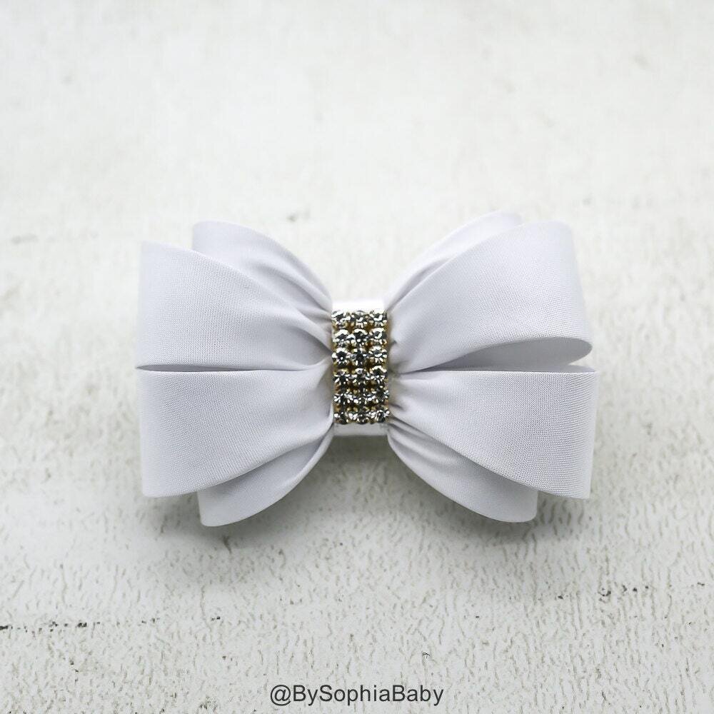 White Bow Hair Clip Girls Hair Clip Bow Hair Clip Wedding Hair Clip Toddler Hair Clip Rhinestone Ha…