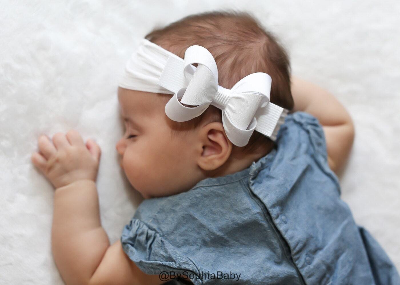 Baby Headband White Big Bow Headband White Baby Headband Nylon Headband Baby Girl Headband First Co…
