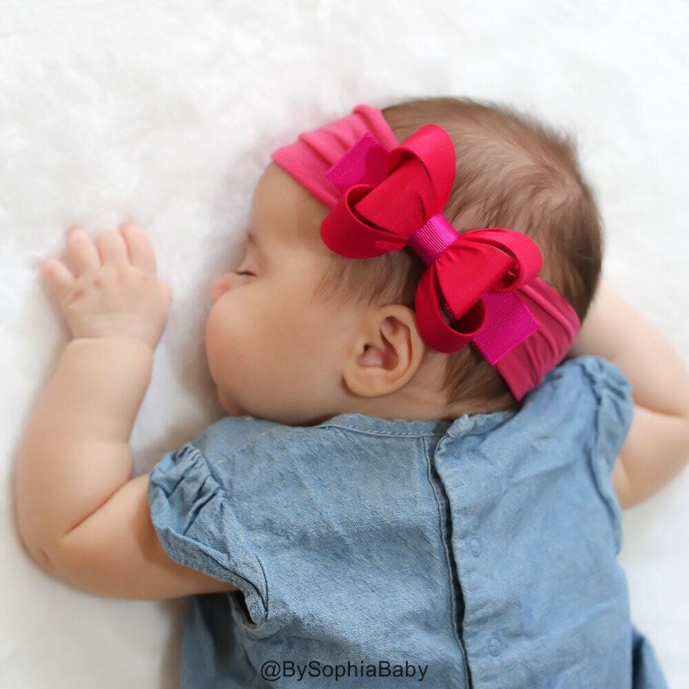 Hot Pink Bow Headband Pink Baby Headband Baby Big Bow Headband Newborn Headband Baby Headband Nylon…