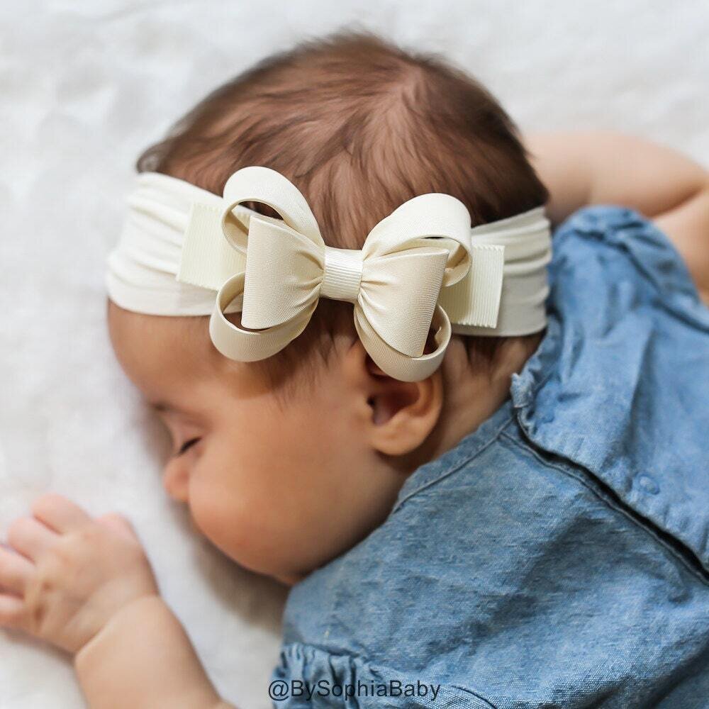Baby Headband Ivory Big Bow Headband Ivory Baby Headband Nylon Headband Baby Girl Headband First Co…