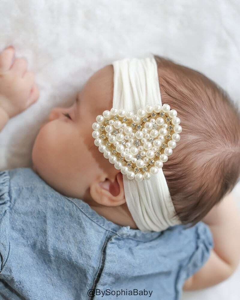 Baby Headband Ivory Pearl Heart Headband Baby Pearl Headband Baby Head wrap Flower Girl Headband Ba…