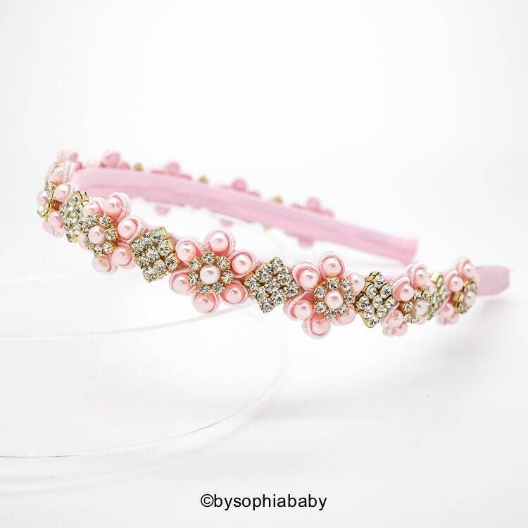 Pink Flower Crown Headband Flower Pearls Headband Flower Arch HeadbandPink Girl Headband Rhinestone…