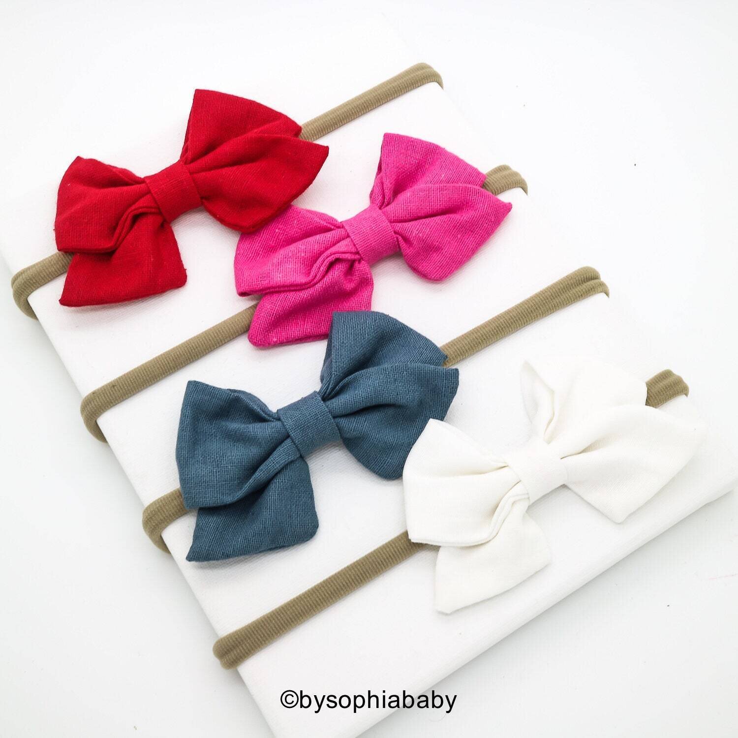 Baby Linen Bows Linen School Girl Bow Pink Red Blue White Baby Bow Headband Newborn Baby Bows Baby Headband Linen Girls Bows 1921