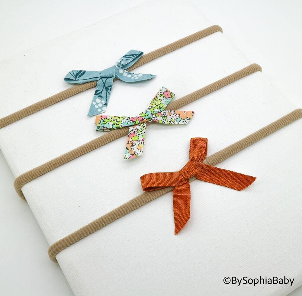 Small bow Headband Set of 3 Baby Hair Bow Set Baby Shower Gift Small linen Baby Bows Baby Head Wrap…