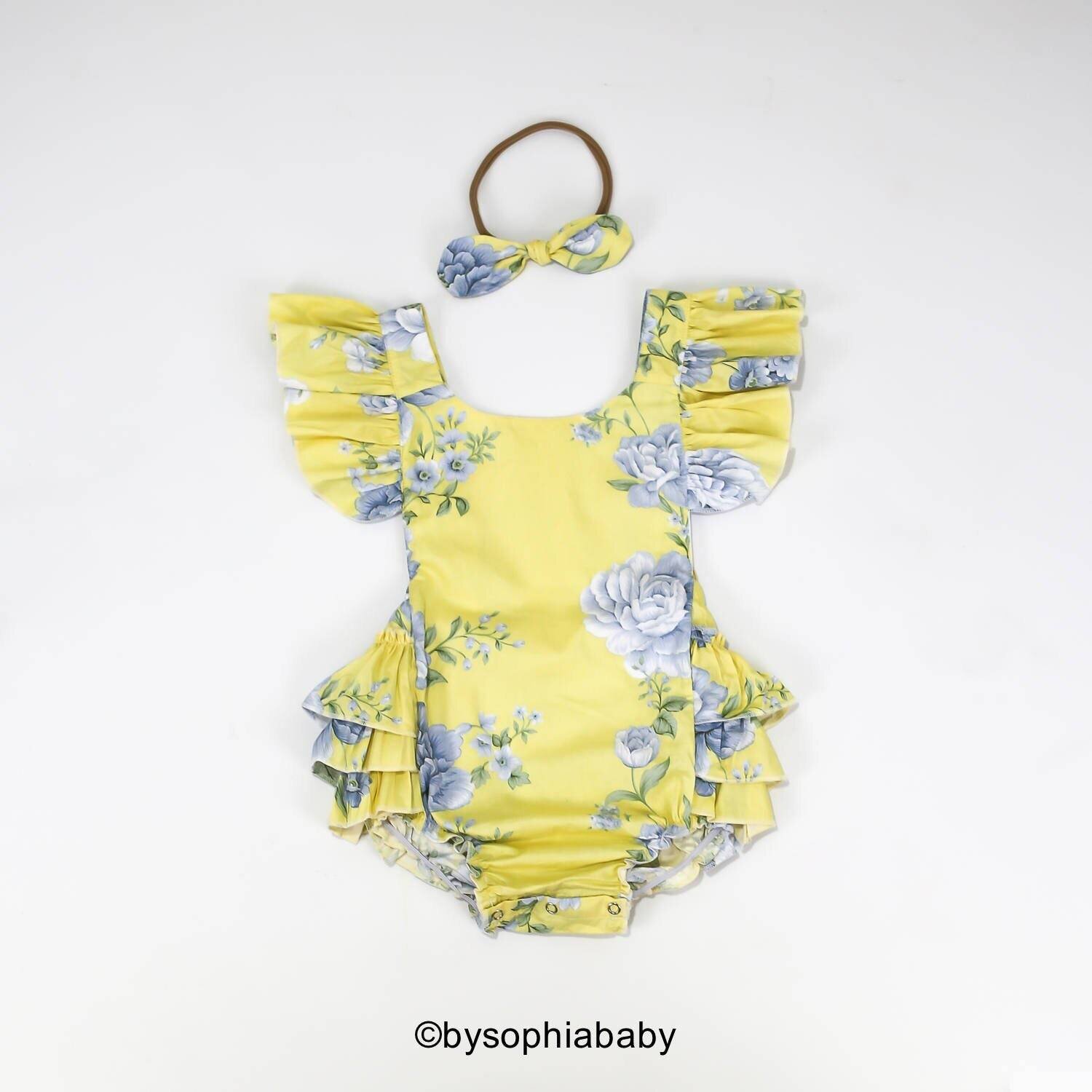 Baby Romper Baby Romper and Headband Yellow Floral Baby Romper set Cotton Baby Romper Tea Party Rom…
