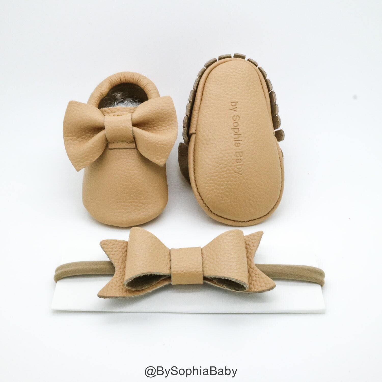 Baby Moccasins Baby Tan Caramel Bow Moccasins Baby Leather Shoes, MPN: 3003-455, 723552366041