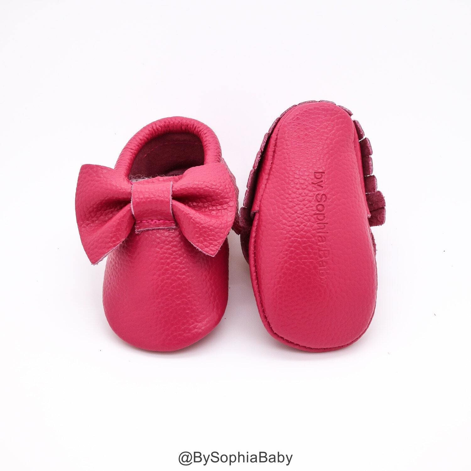 Baby Moccasins Baby Hot Pink Bow Moccasins Baby Leather Shoes Genuine Leather Moccs Toddler Moccasins Baby Moccs Baby Shower Gift