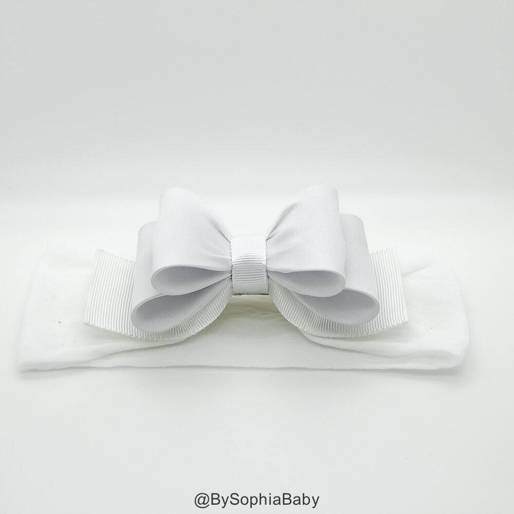 Baby Headband White Big Bow Headband White Baby Headband Nylon Headband Baby Girl Headband First Co…