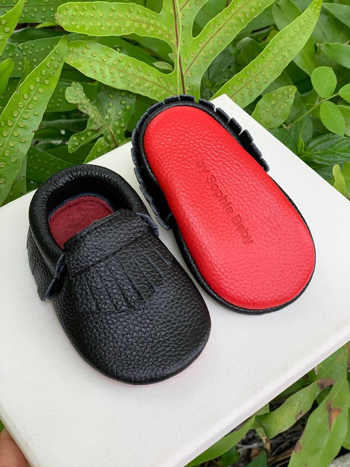 Black Red Bottom Moccasins Baby Black and Red sole Fringe Moccasins Baby Leather Shoes Toddler Mocc…