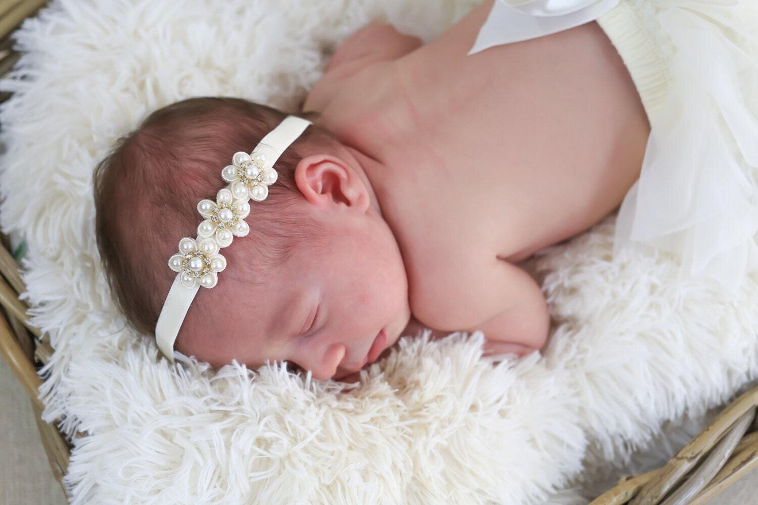 Baby Headband Baby Pearl Flower Headband Newborn Ivory Head band Baby Pearl Headband Flower Girl Headband Baptism Headband 1546