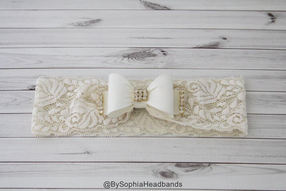 Ivory Bow Lace Headband Ivory Baby Headband Newborn Headband Ivory Bow Headband Photo Prop Baptism …