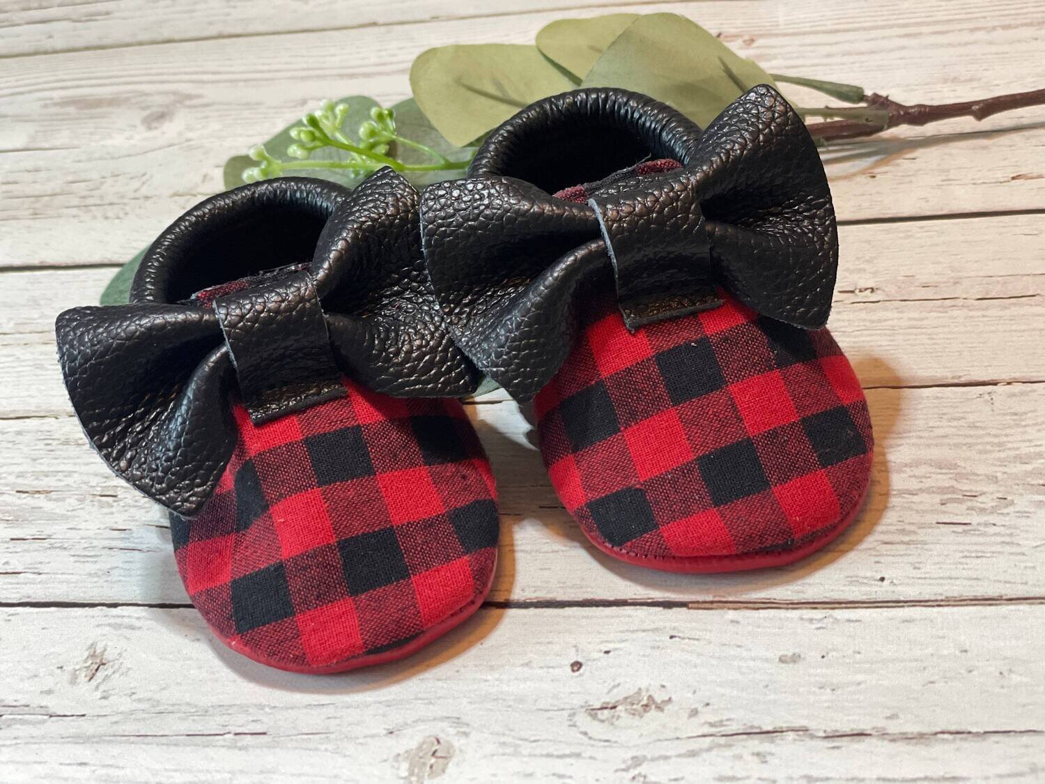 Black and Red plaid Moccasins Plaid and Red sole Bow Moccasins Baby Leather Shoes Toddler Moccasins…
