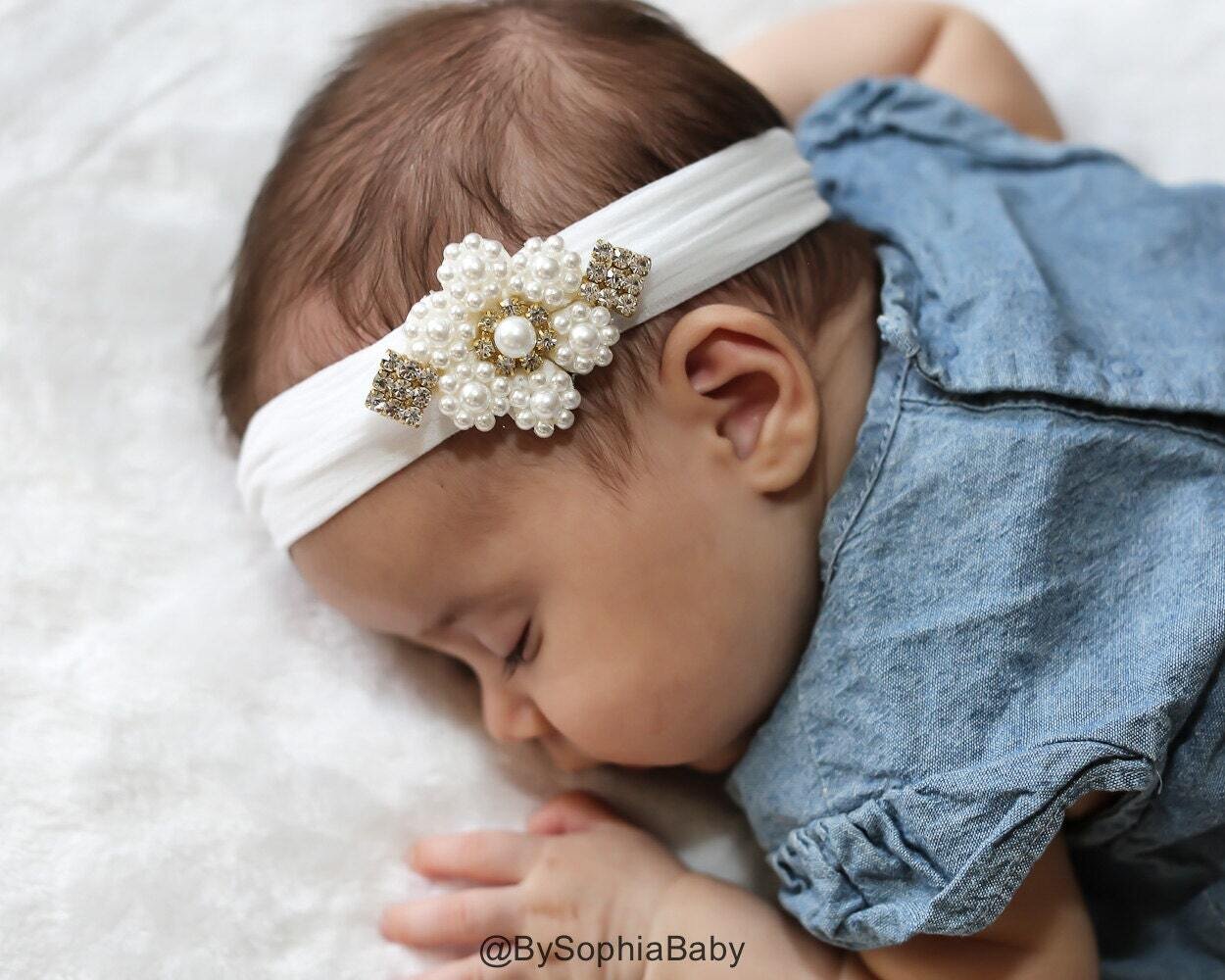 Baby Headband Baby White Pearl Flower Headband Newborn White Head band Baby Pearl Headband Flower G…