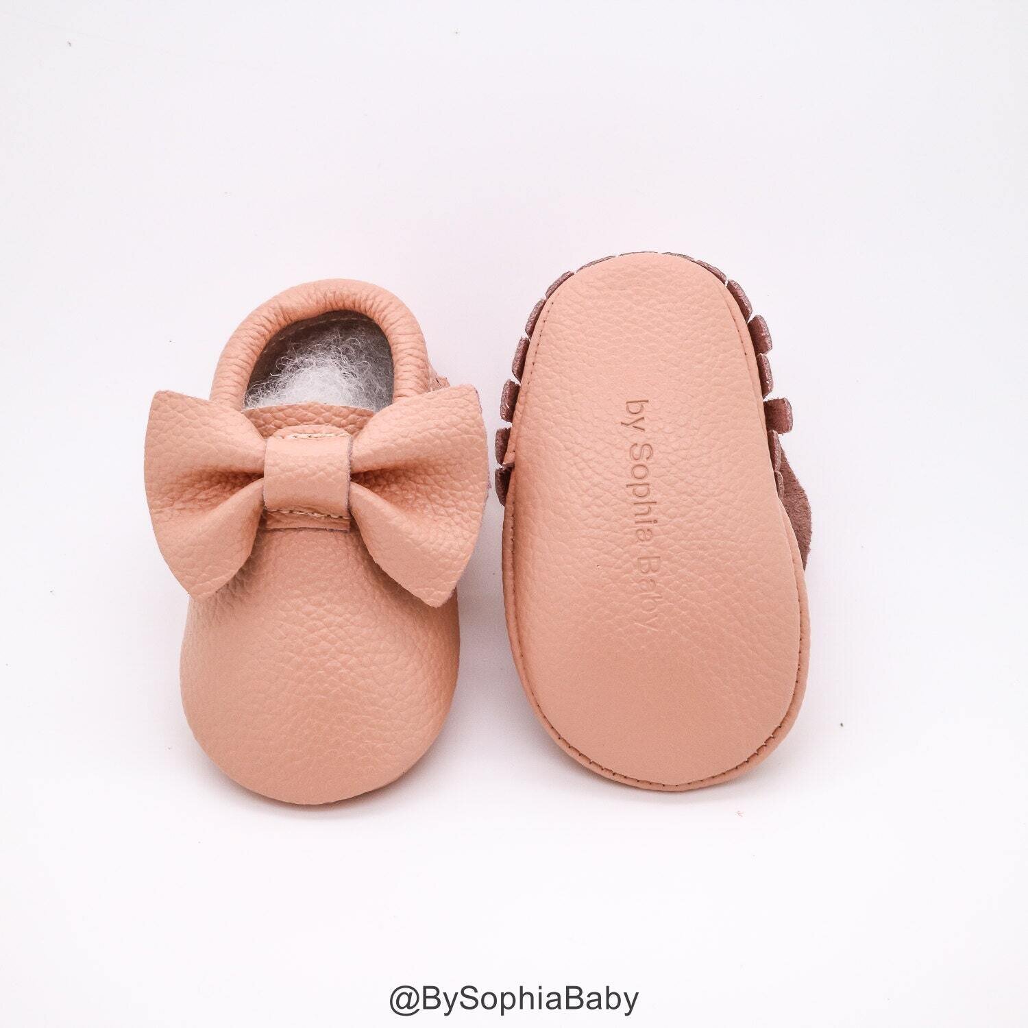 Baby Moccasins Baby Blush Pink Bow Moccasins Baby Leather Shoes Genuine Leather Moccs Toddler Mocca…