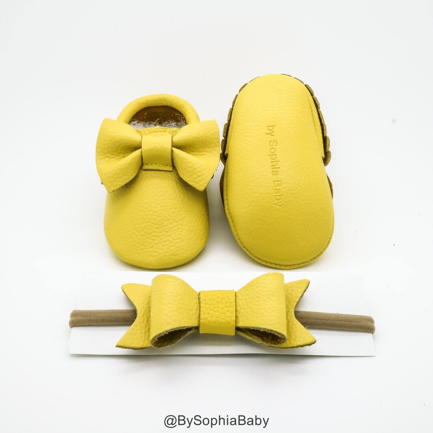 Baby Moccasins Baby Yellow Bow Moccasins Baby Leather Shoes Genuine Leather Moccs Toddler Moccasins Baby Moccs Baby Shower Gift