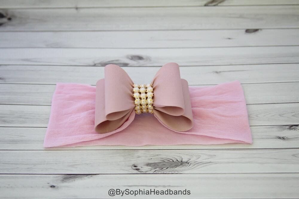 Pale Pink Bow Headband Pink Baby Headband Big Bow Headband Newborn Headband Baby Girl Headband Nylo…