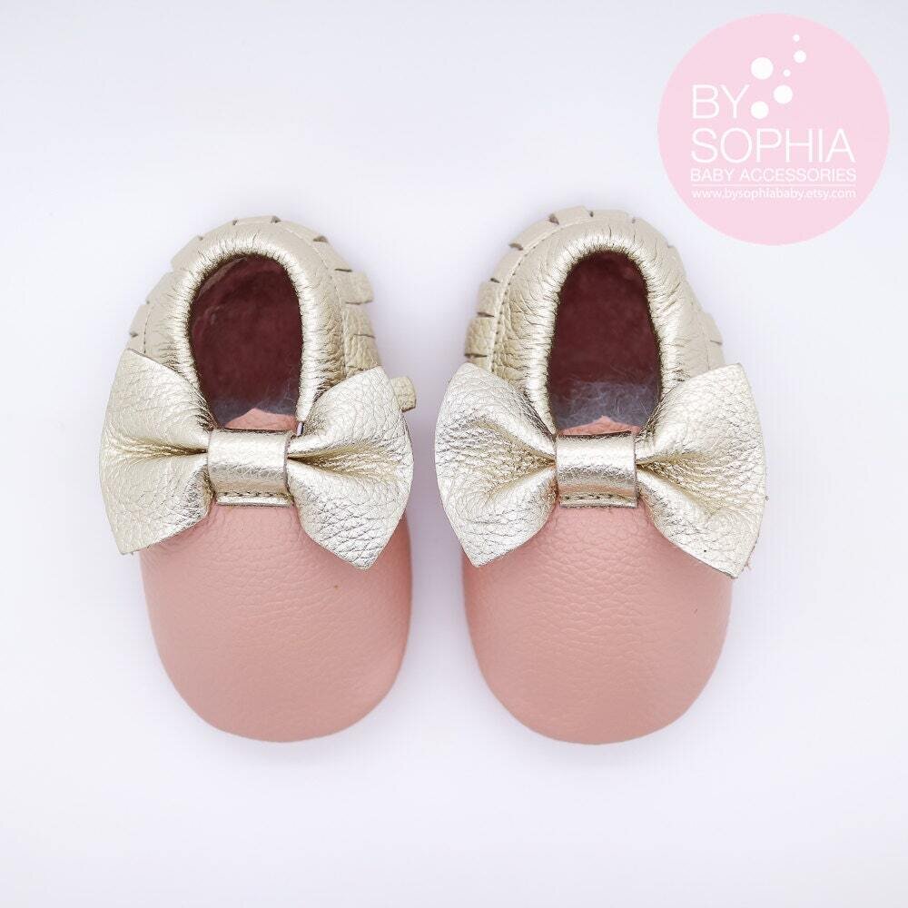 Baby Moccasins Baby Gold and Pink Bow Moccasins Baby Leather Shoes Genuine Leather Moccs Toddler Mo…