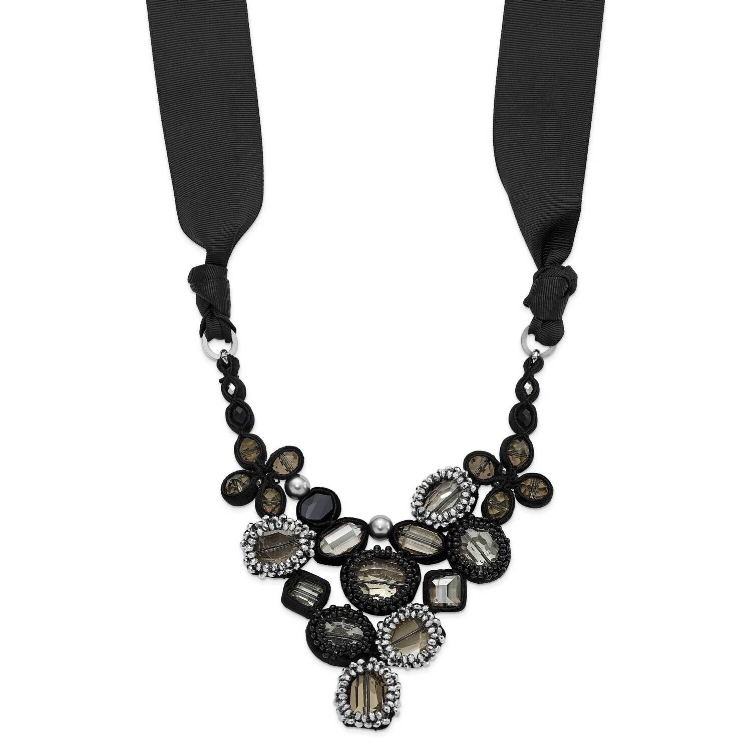 Gray and Black Glass Beaded Black Fabric and Ribbon Necklace 10107