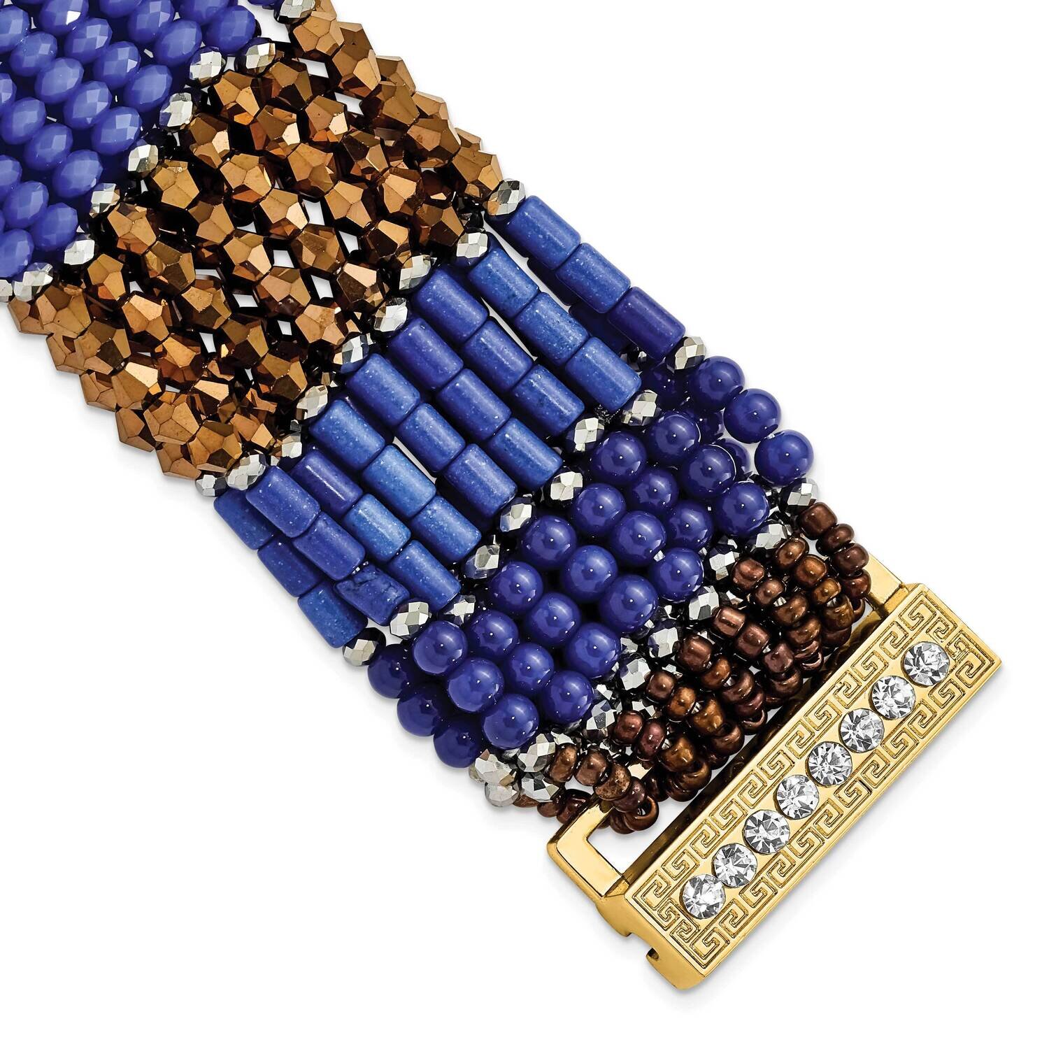 Blue, Bronze and Metallic Beaded Multi Strand CZ and Gold Tone Bracelet 10114