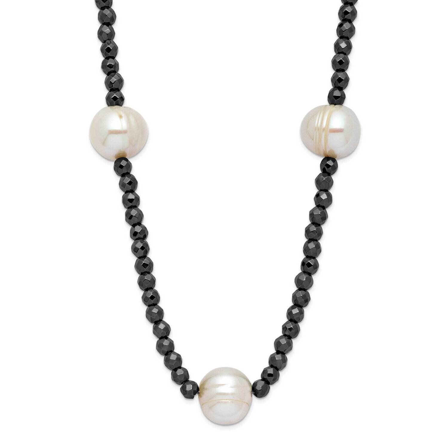 Sterling Silver White FWC Pearl and Hematite Beaded Necklace 10383
