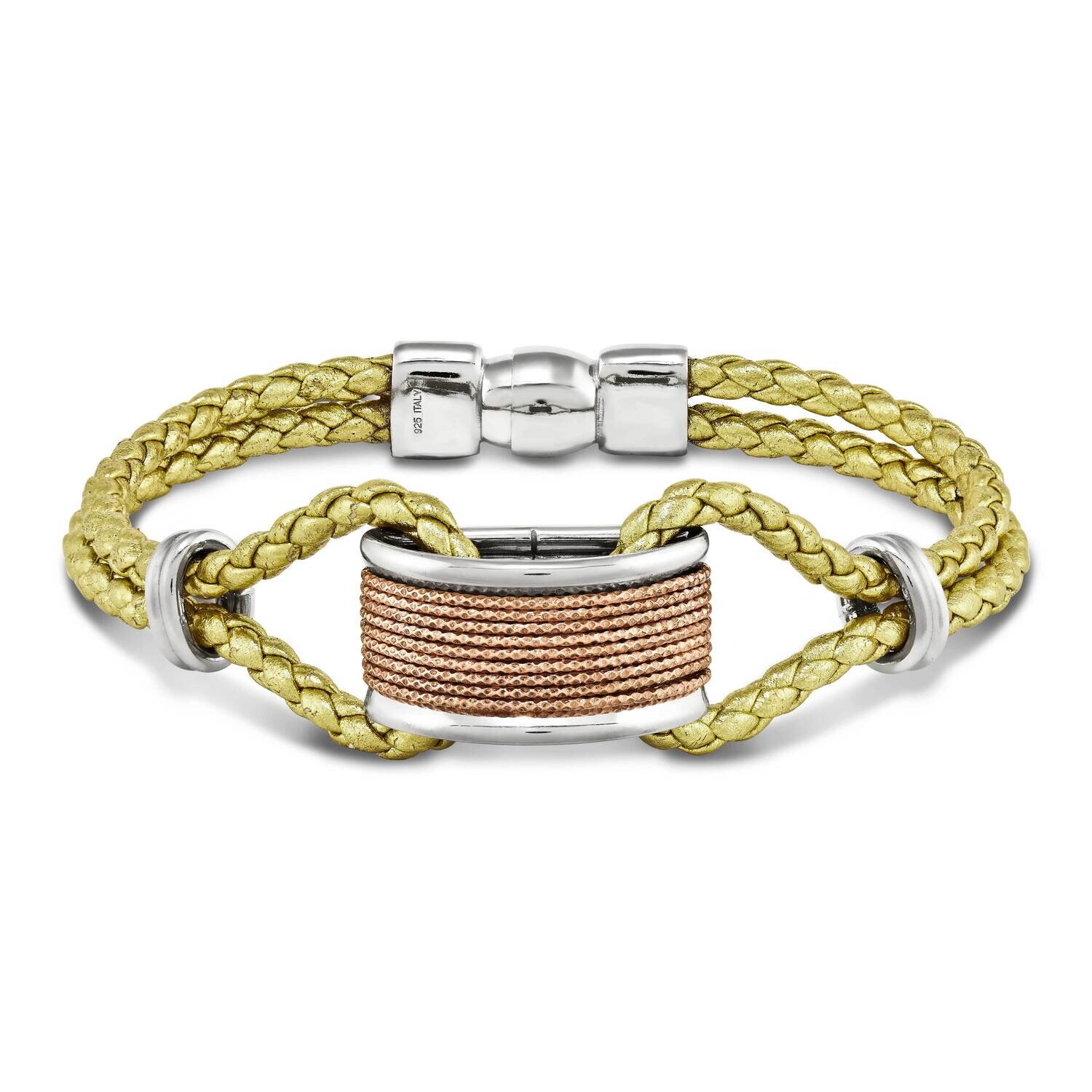 Sterling Silver rose wire with white border -yellow leather braid with magn B6763-YELLOW