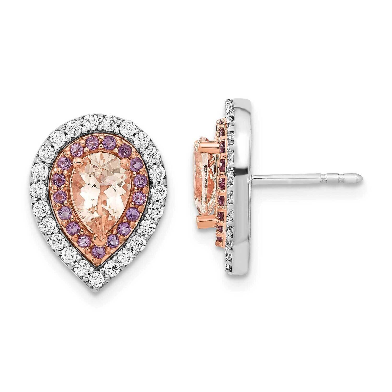 Sterling Silver Polished Morganite, Amethyst and CZ Teardrop Post Earrings EM3561-MGAM-SSWRCZ